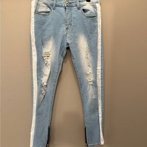 Light Blue Distressed Jeans with White Stripes